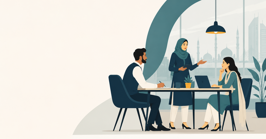 A Pakistani marketing consultant presenting online growth findings to two business owners in a Lahore office