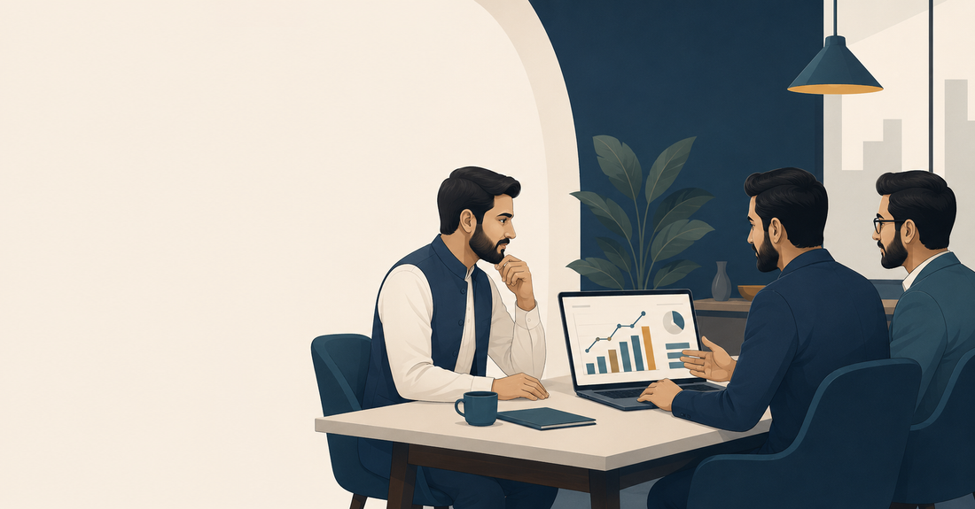 A Pakistani business owner reviewing marketing performance charts with two digital marketing agency representatives
